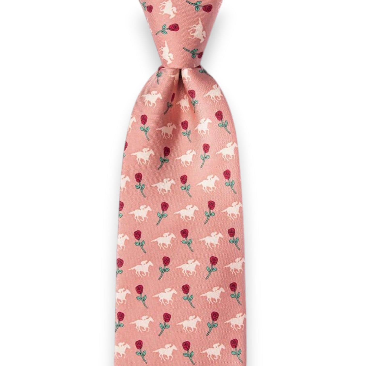 Pink tie with horse and rose pattern on a white background