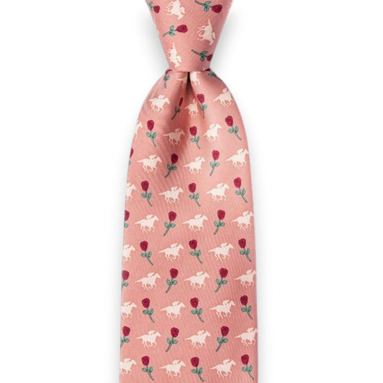 Pink tie with horse and rose pattern on a white background
