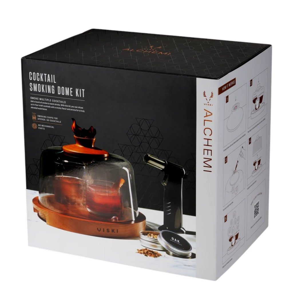 The premium black retail packaging box for the Viski Alchemi Cocktail Smoking Dome Kit, detailing simple step-by-step instructions for smoking multiple craft cocktails at home.
