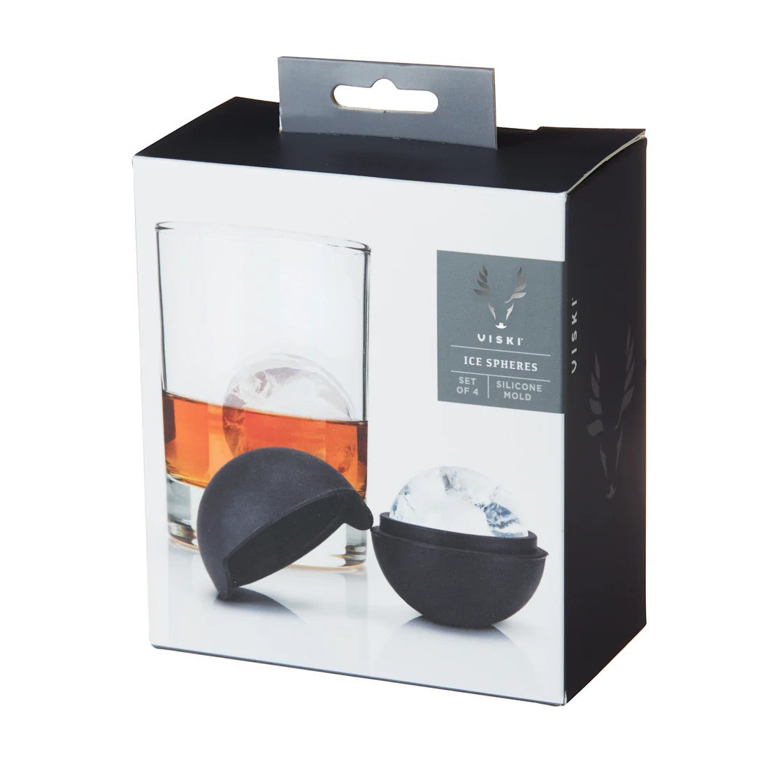 Viski ice sphere packaging with two black ice spheres and a glass of whiskey.