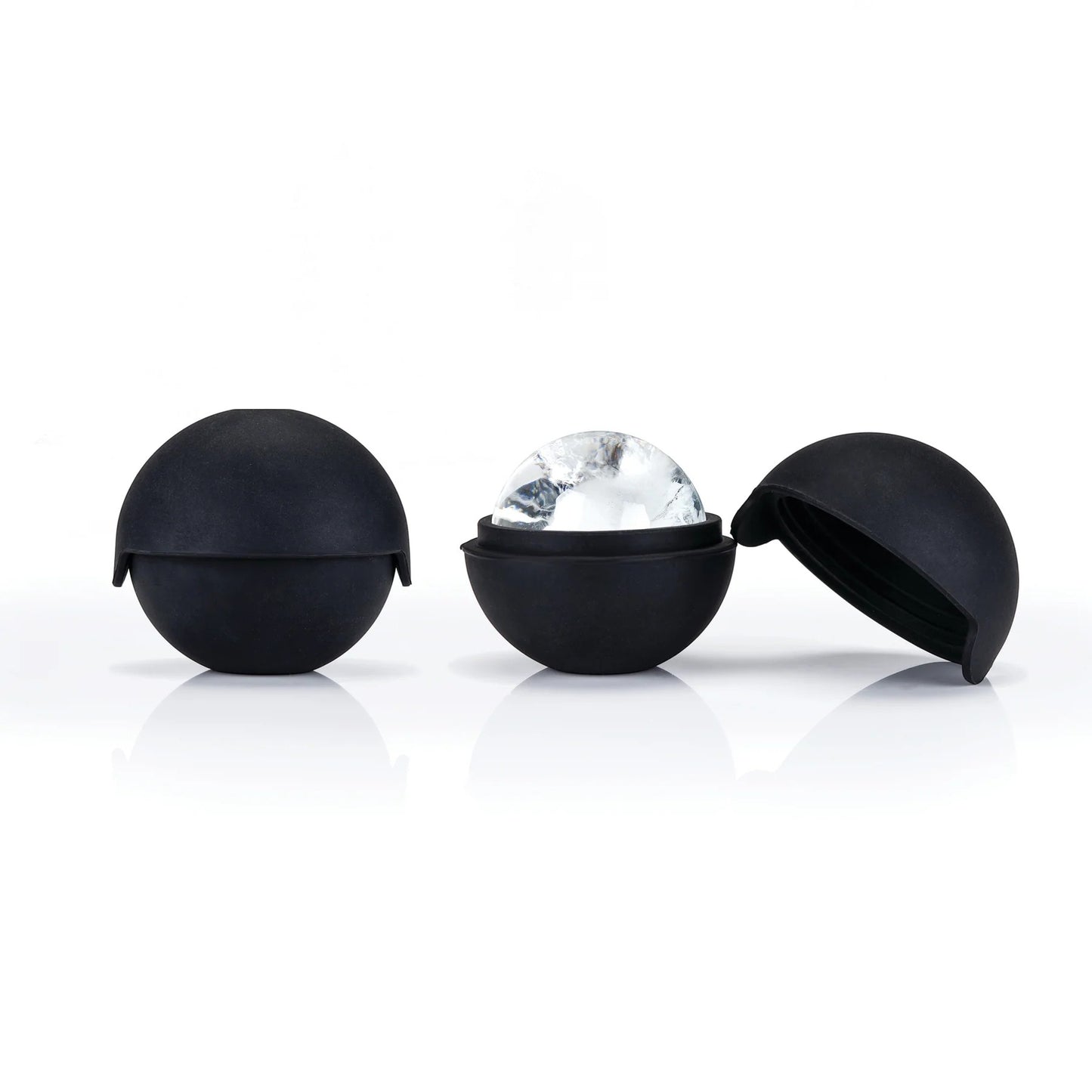 A set of two sleek, black Viski Glacier Rocks Ice Sphere Molds.