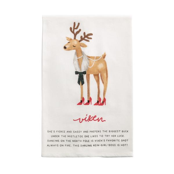 The "Vixen" reindeer tea towel with a stylized reindeer wearing high heels and a bow tie, with text on a white background.