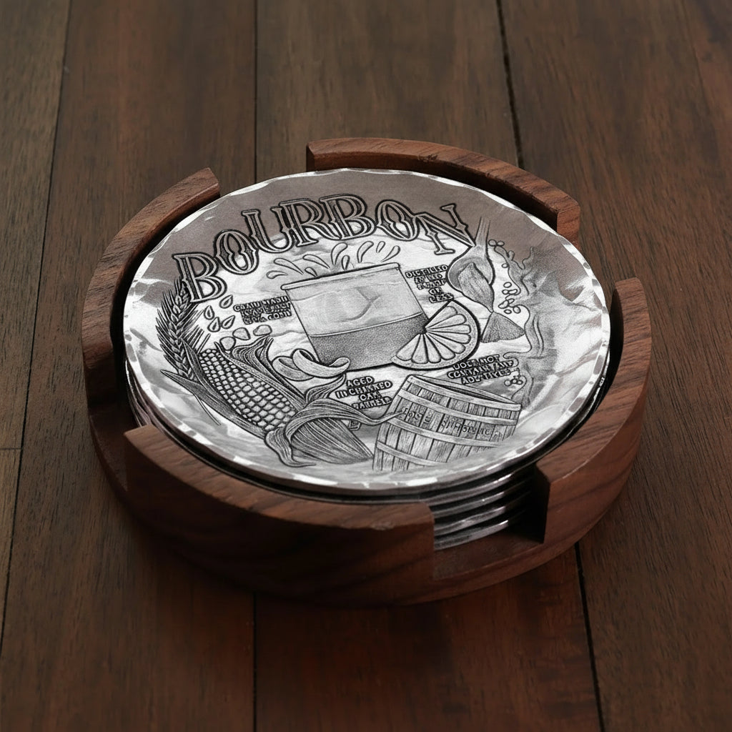 The walnut caddy holding a set of four aluminum coasters, displaying how neatly they fit inside.