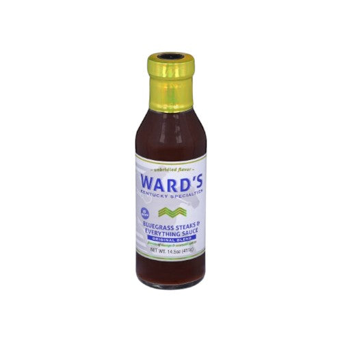 Bottle of Ward's Bluegrass Steaks & Everything Original Blend sauce on a white background