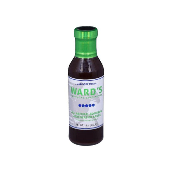 Bottle of Ward's chocolate sauce with a green cap on a white background