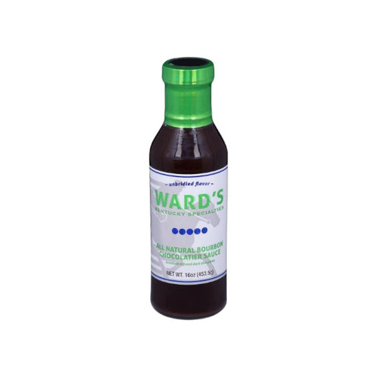 Bottle of Ward's chocolate sauce with a green cap on a white background