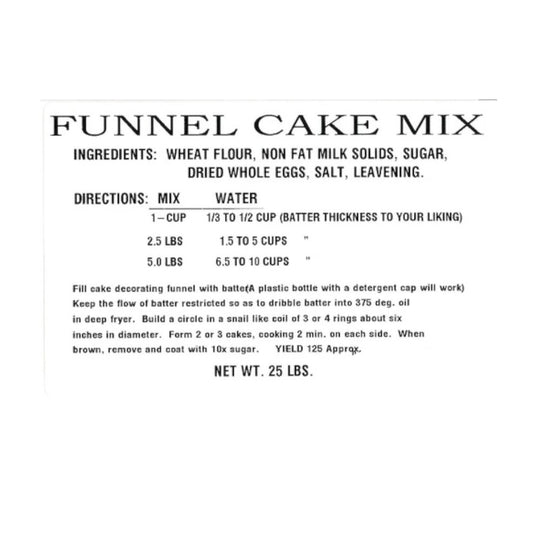 The 8oz package of Weisenberger Funnel Cake Mix ingredients and instructions.
