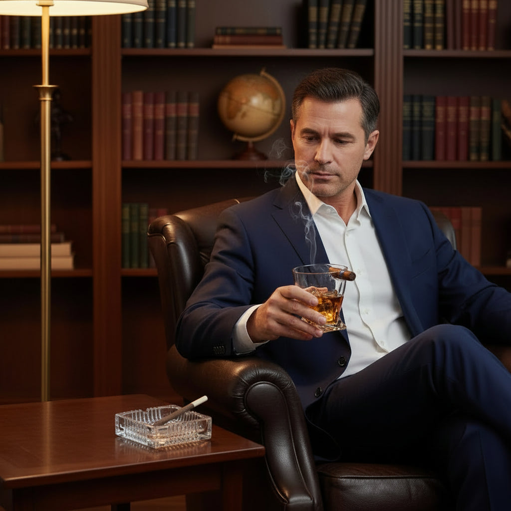 A lifestyle shot of a man in a suit enjoying a glass of whiskey and a cigar, with the accessory set in a library setting.