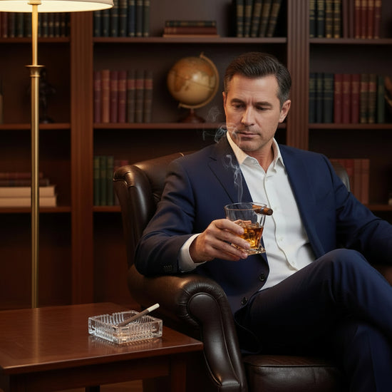 A lifestyle shot of a man in a suit enjoying a glass of whiskey and a cigar, with the accessory set in a library setting.