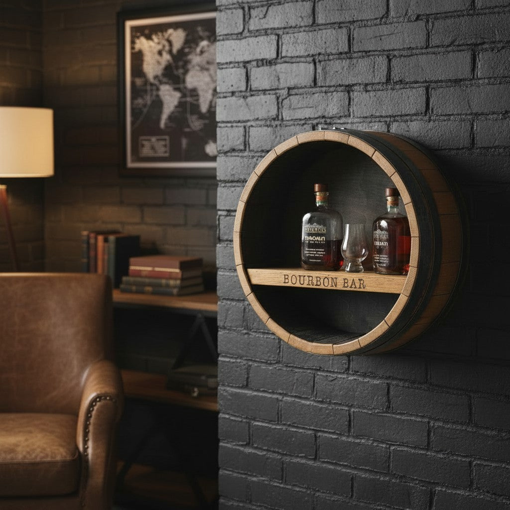 Whiskey Bar Shelf | Handcrafted Reclaimed Whiskey Stave Bottle Display Shelf