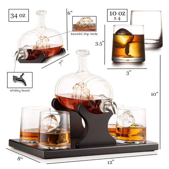 Whiskey decanter set with glasses and measurements on a white background