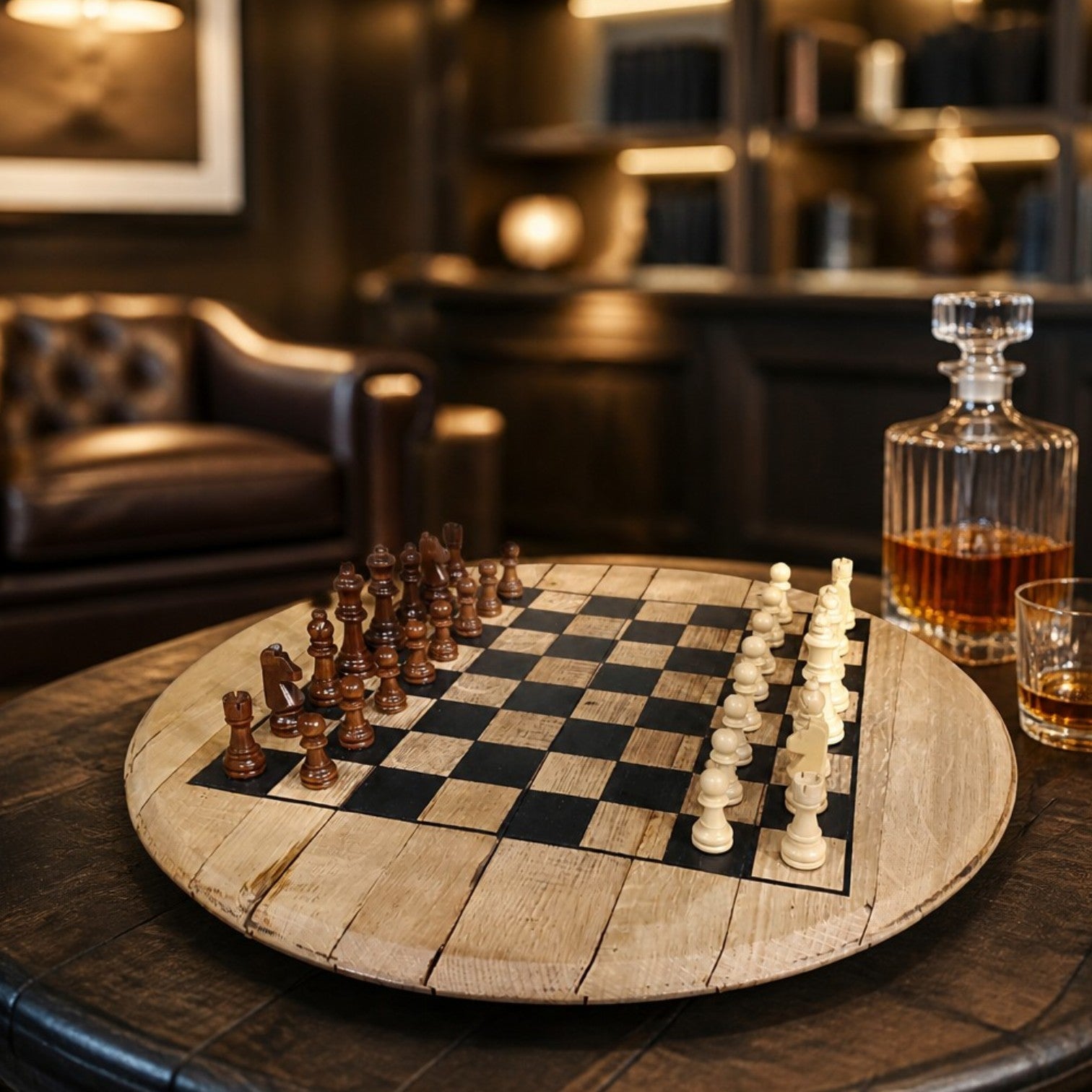 Whiskey Barrel Head Chessboard Set displayed as a rustic centerpiece in a home bar setting.