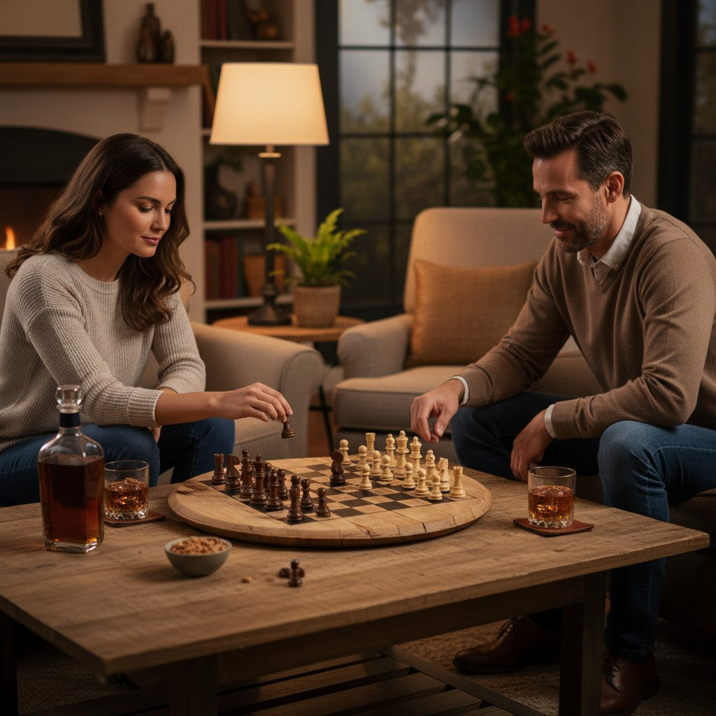 Whiskey Barrel Head Chessboard Set mid-match showing warm wood pieces on the aged barrel head board.