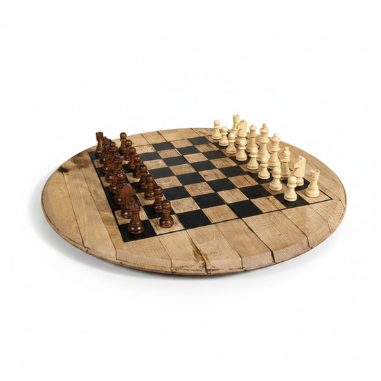  Whiskey Barrel Head Chessboard Set crafted from an authentic reclaimed whiskey barrel head with Staunton-style wooden chess pieces.