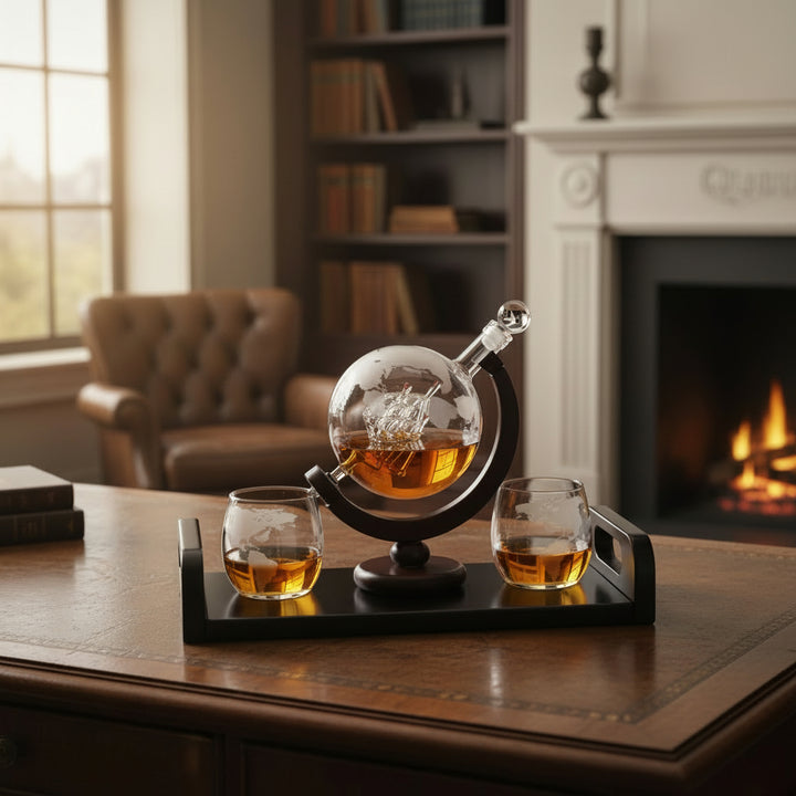 The globe decanter set displayed on a desk in a cozy study, highlighting its appeal as a sophisticated home decor piece.
