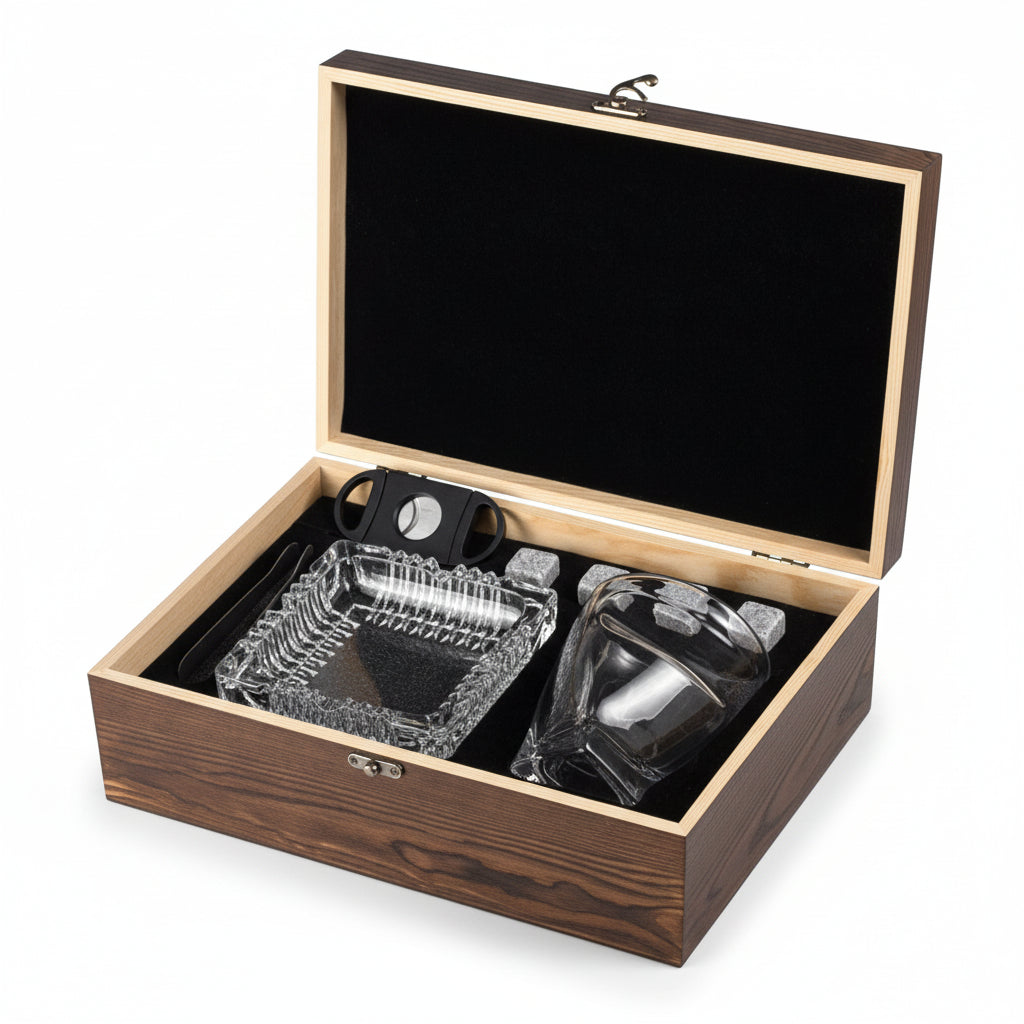 The complete whiskey glass and accessories gift set displayed in its premium, open wooden box against a white background.