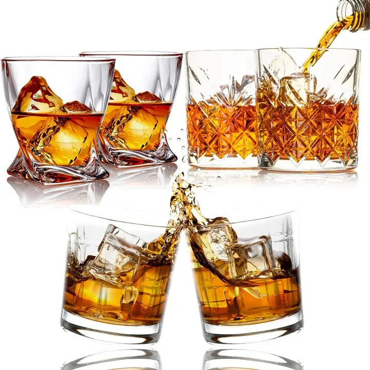 Three 10 oz whiskey glasses in Classic, Diamond, and Twisted designs.