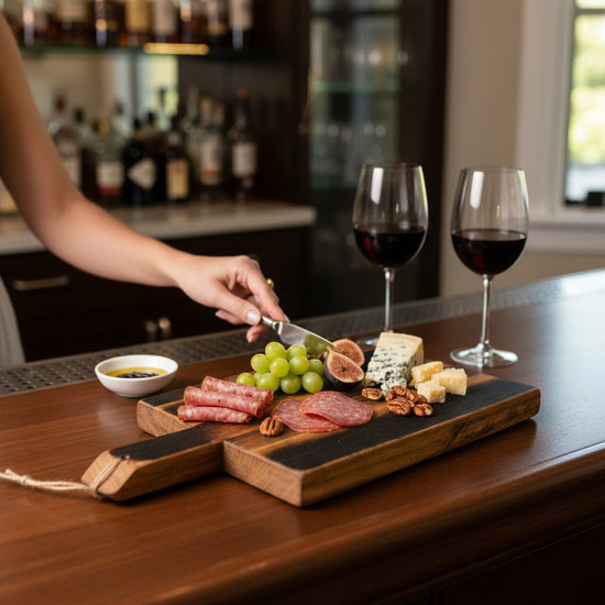Rustic Whiskey Stave Charcuterie Board styled on a home bar for tasting and entertaining.