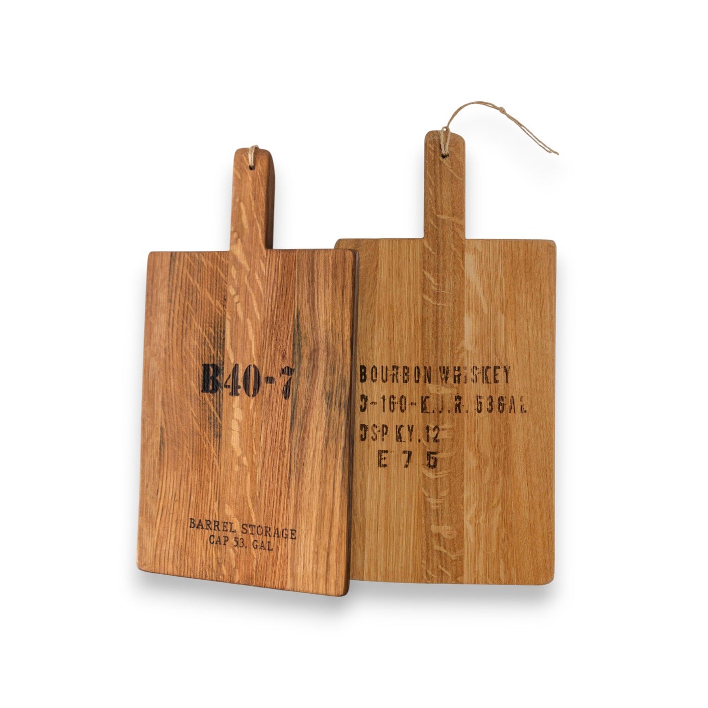 Close-up of the cooperage-inspired engraved markings on the reclaimed Whiskey Stave Charcuterie Board.