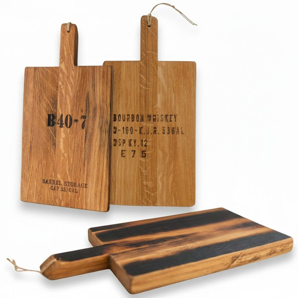 Whiskey Stave Charcuterie Board handcrafted from reclaimed whiskey barrel staves with warm natural wood grain.