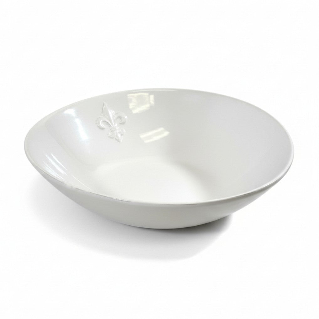 Side profile of the 13-inch dolomite bowl, highlighting its deep basin and classic white finish.