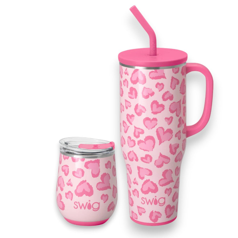 The Wild at Heart collection featuring both the 40oz Mega Mug and 12oz Stemless Wine Tumbler side by side.
