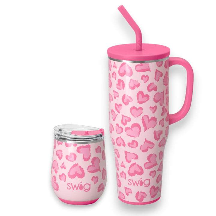 The Wild at Heart collection featuring both the 40oz Mega Mug and 12oz Stemless Wine Tumbler side by side.