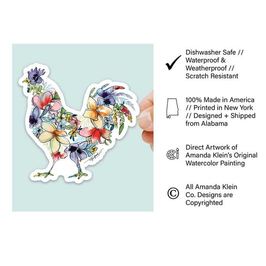 Colorful floral chicken-shaped sticker held by a hand on a light blue background with product details.