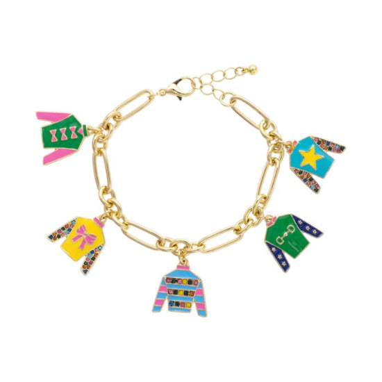  The Winner's Circle Jockey Silk Enamel Charm Bracelet displayed to show all the multi-color jockey silk charms on the adjustable gold-tone chain.