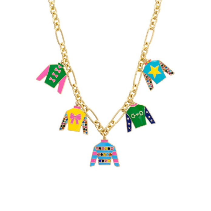 Close-up detail of the vibrant enamel jockey silk charms on the gold-tone chain.