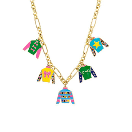 Close-up detail of the vibrant enamel jockey silk charms on the gold-tone chain.