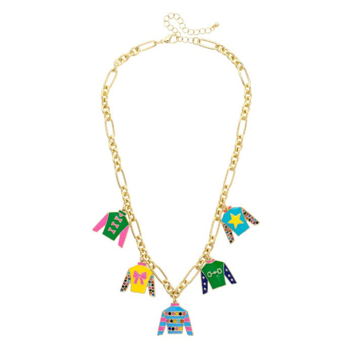 Front view of the Winner's Circle Jockey Silk Enamel Charm Necklace featuring multi-colored jockey silk charms.