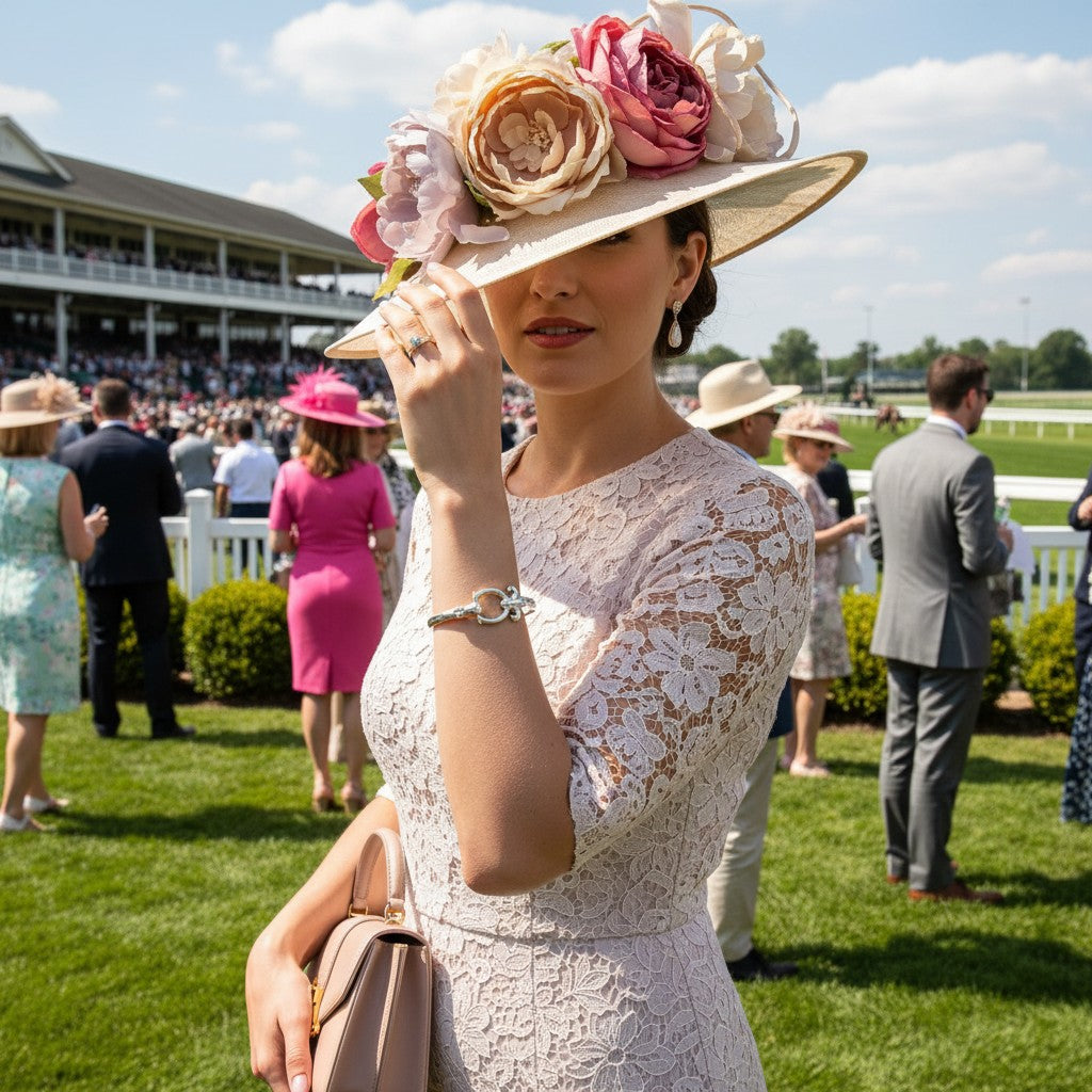 A woman wearing a sterling silver equestrian bracelet at a horse racing event.