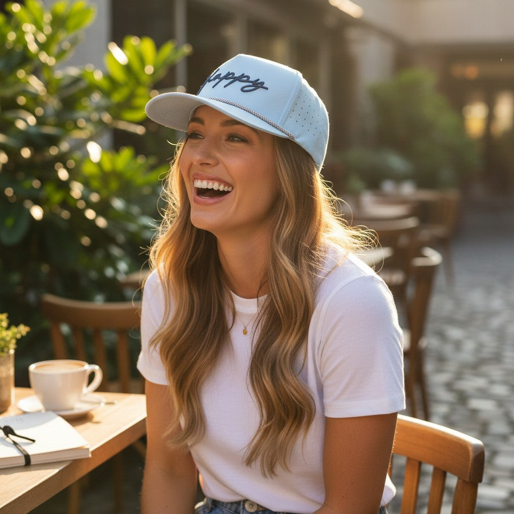 A smiling woman wearing the baby blue Happy Embroidered Rope Hat on a sunny day.