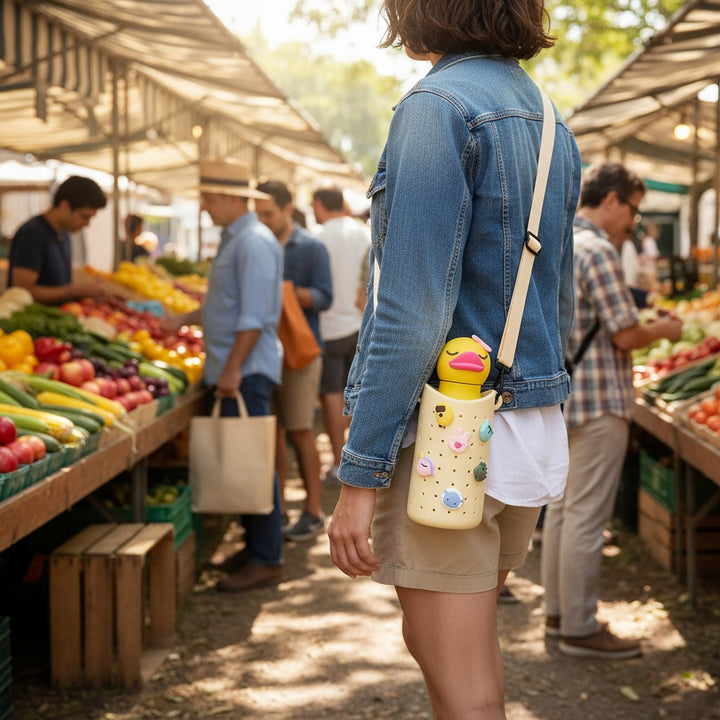 A person wearing the yellow ASOBU Bestie Sling crossbody style while at an outdoor market
