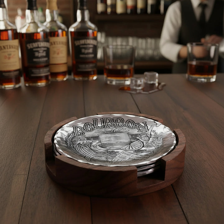 The coaster caddy set on a wooden table with bottles and glasses in the background.