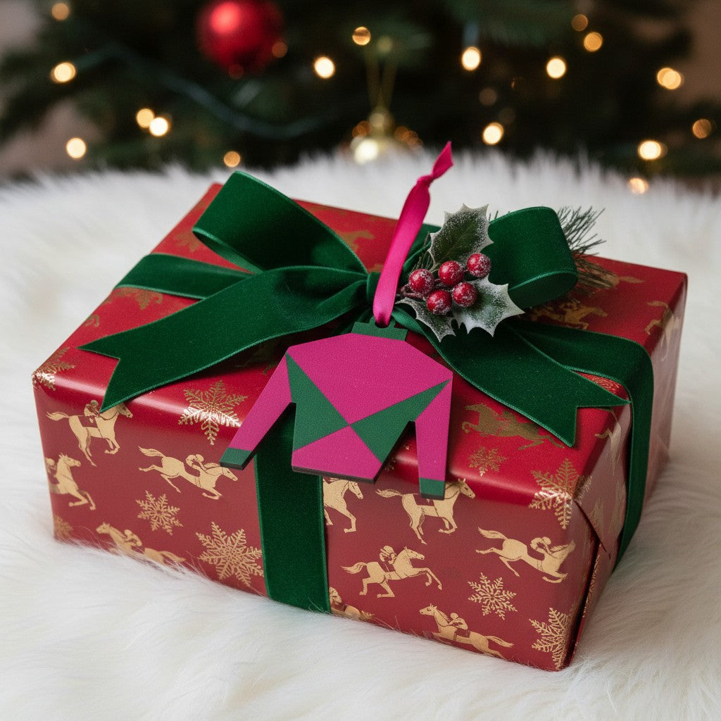 A holiday gift wrapped with the wooden Derby ornament attached as a unique tag.