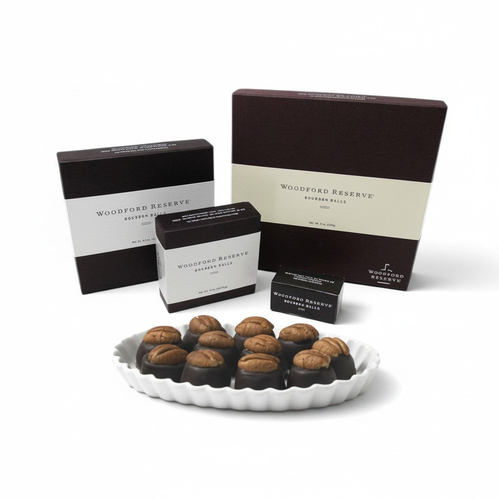 Woodford Reserve Bourbon Balls with packaging on a white background
