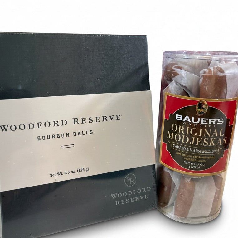Woodford Reserve bourbon balls packaging and Bauer's Original Modjeskas in a glass container on a white background