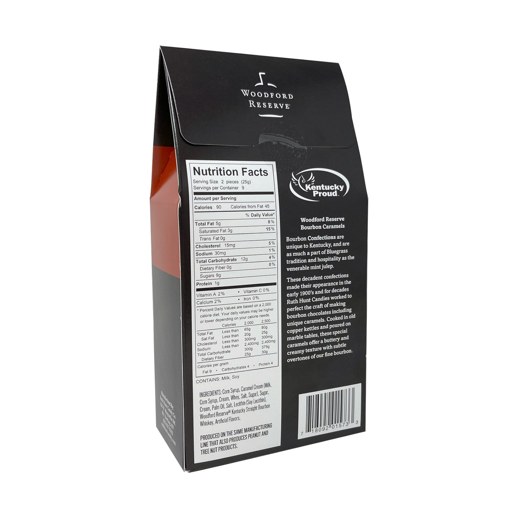 Woodford Reserve bourbon packaging with nutrition facts label on a white background