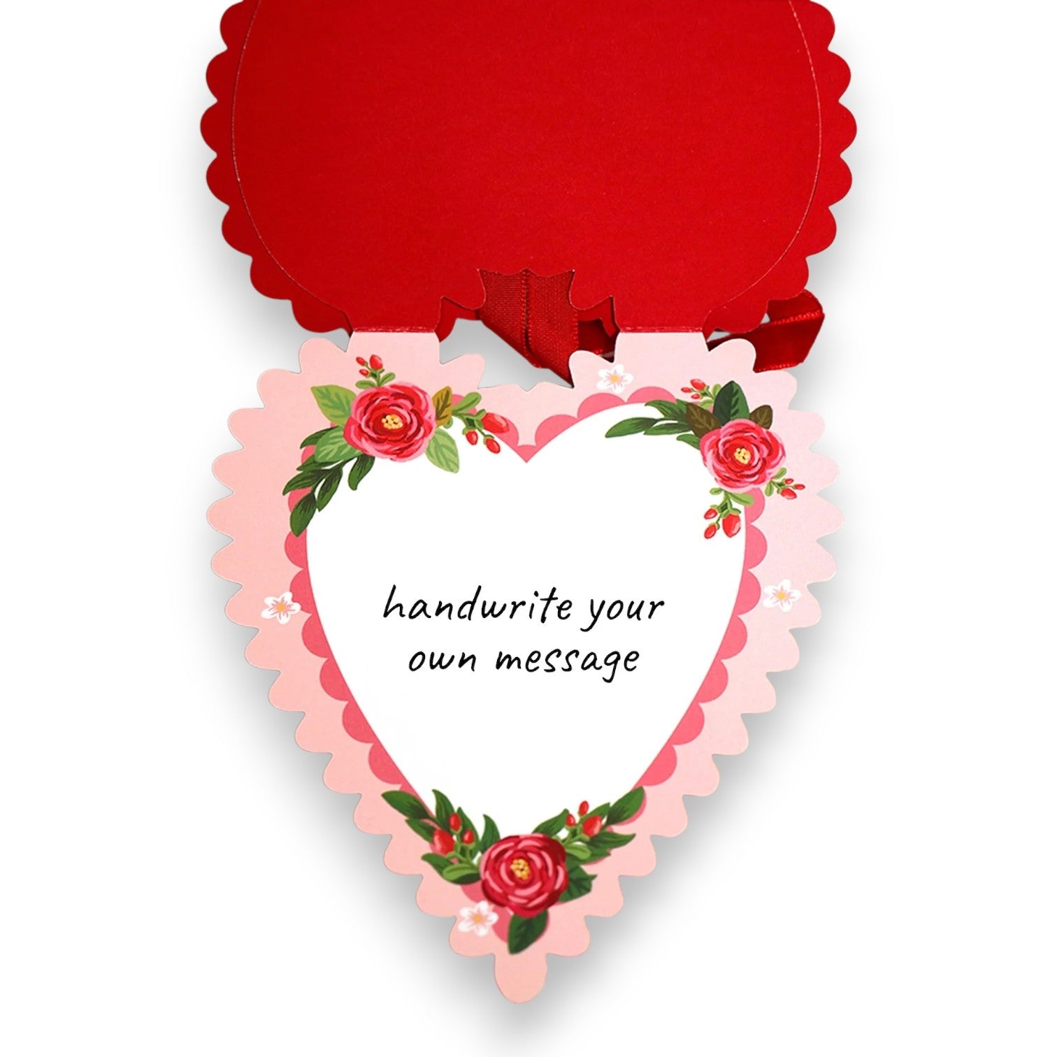Heart-shaped card with floral design and text 'handwrite your own message' on a white background