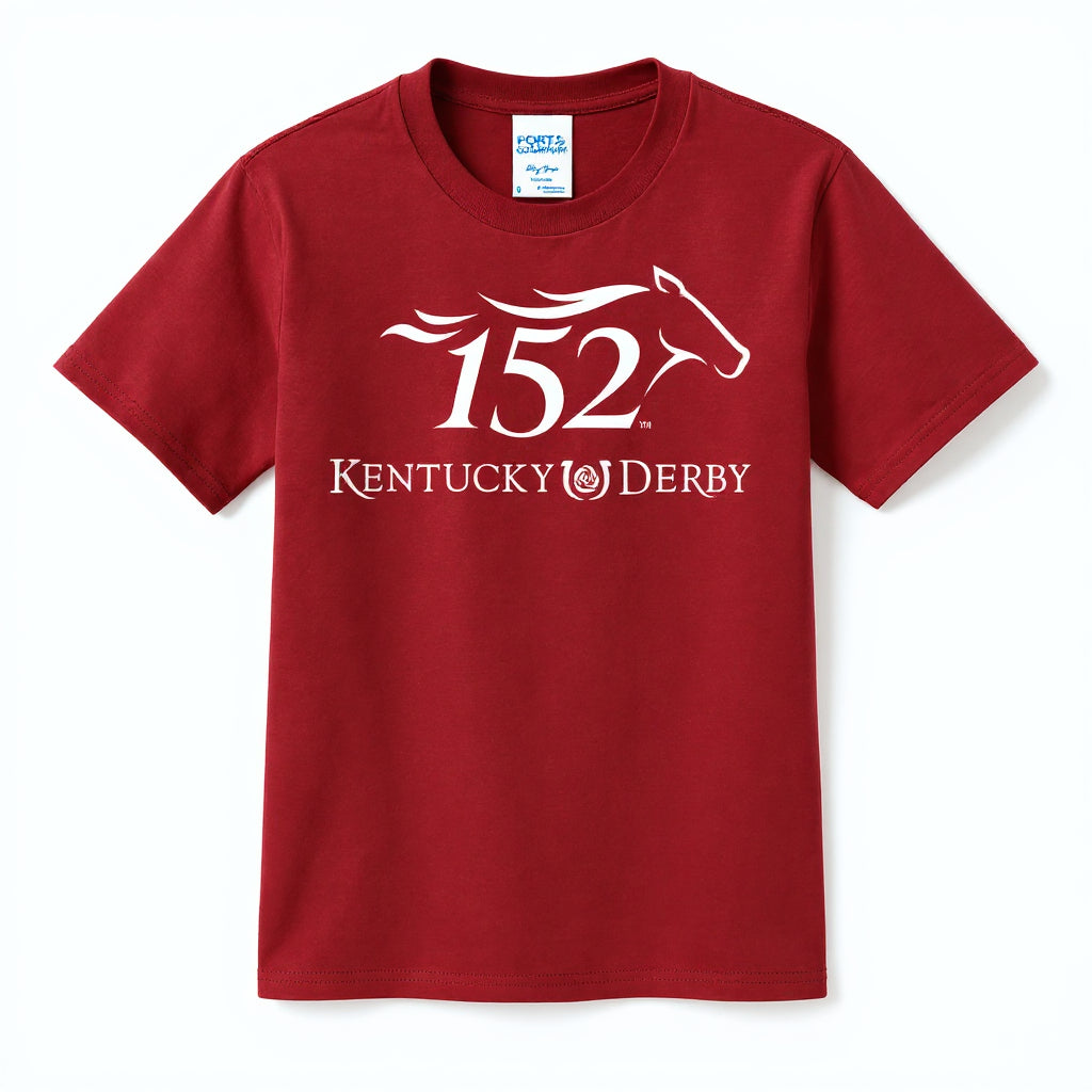 Front view of the red youth Kentucky Derby 152 commemorative t-shirt, showing the official event logo in white.