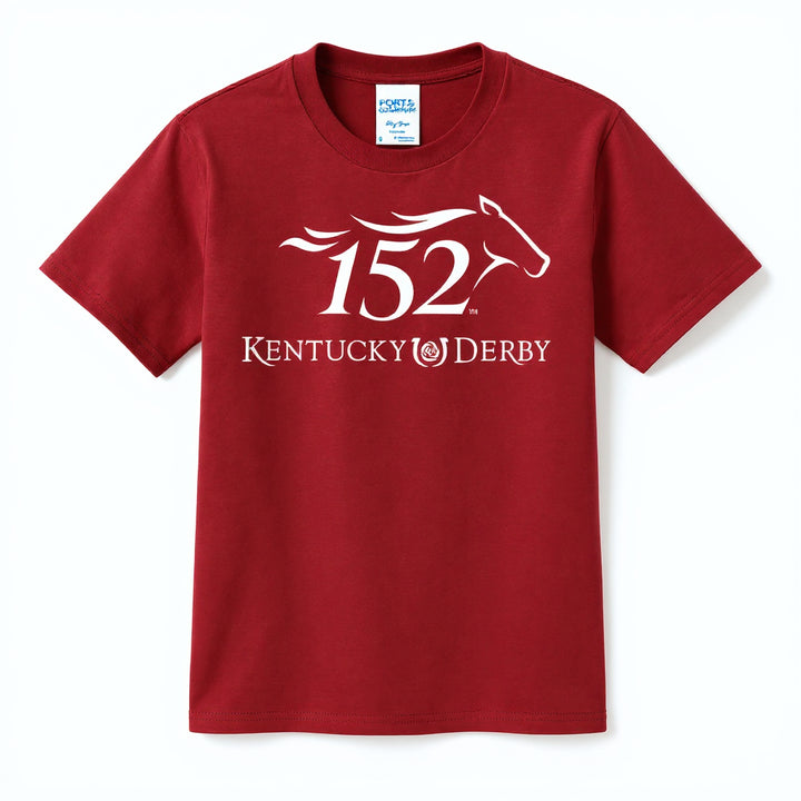 Front view of the red youth Kentucky Derby 152 commemorative t-shirt, showing the official event logo in white.