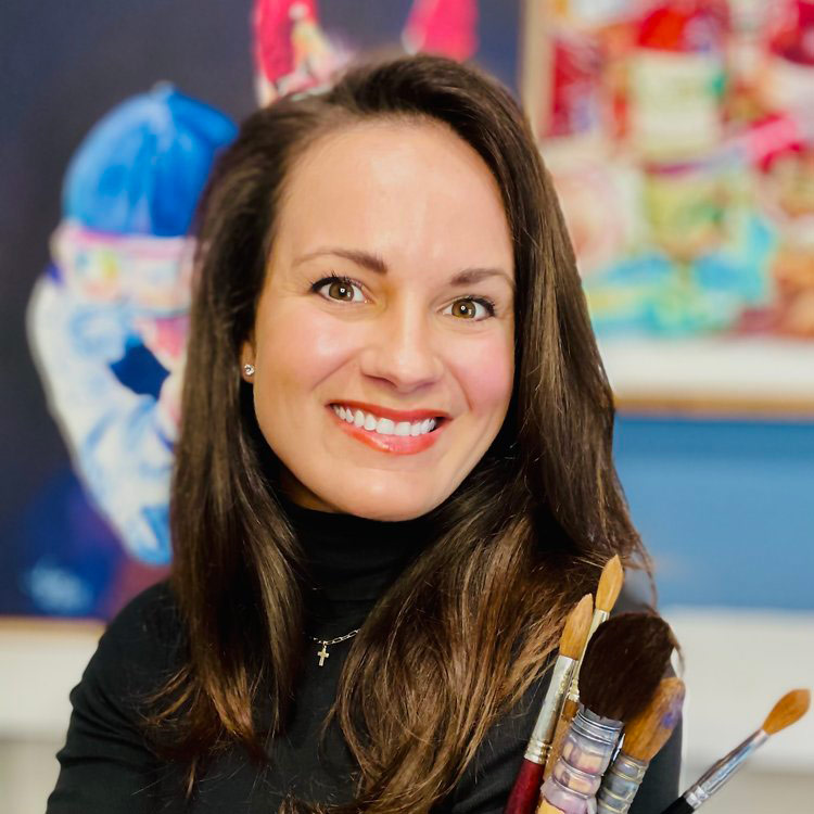 Aimee Griffith: Art of the Kentucky Derby 148 Artist. White Female, Long Brown Hair, Brown eyes, black turtleneck, small silver cross necklace. Holding paint brushes with paintings in the background.
