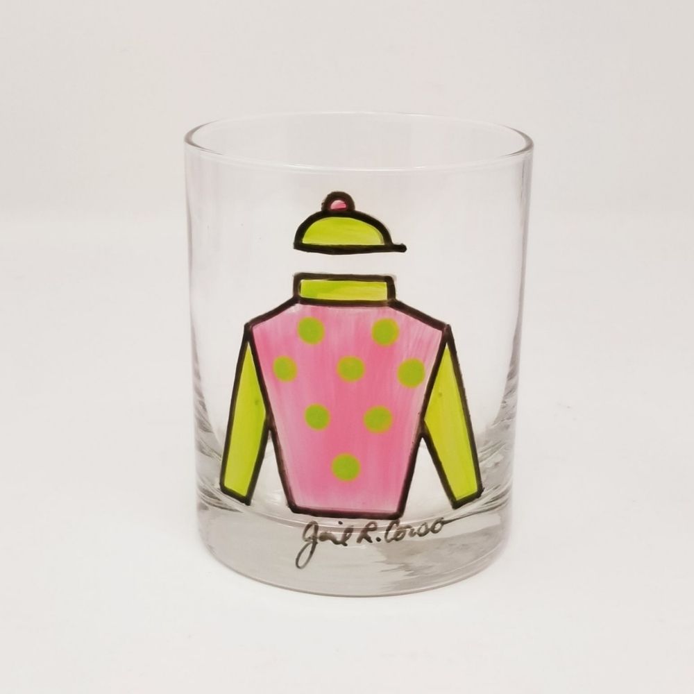 Gail Corso-Jockey Silk Pink & Green Rocks Glass