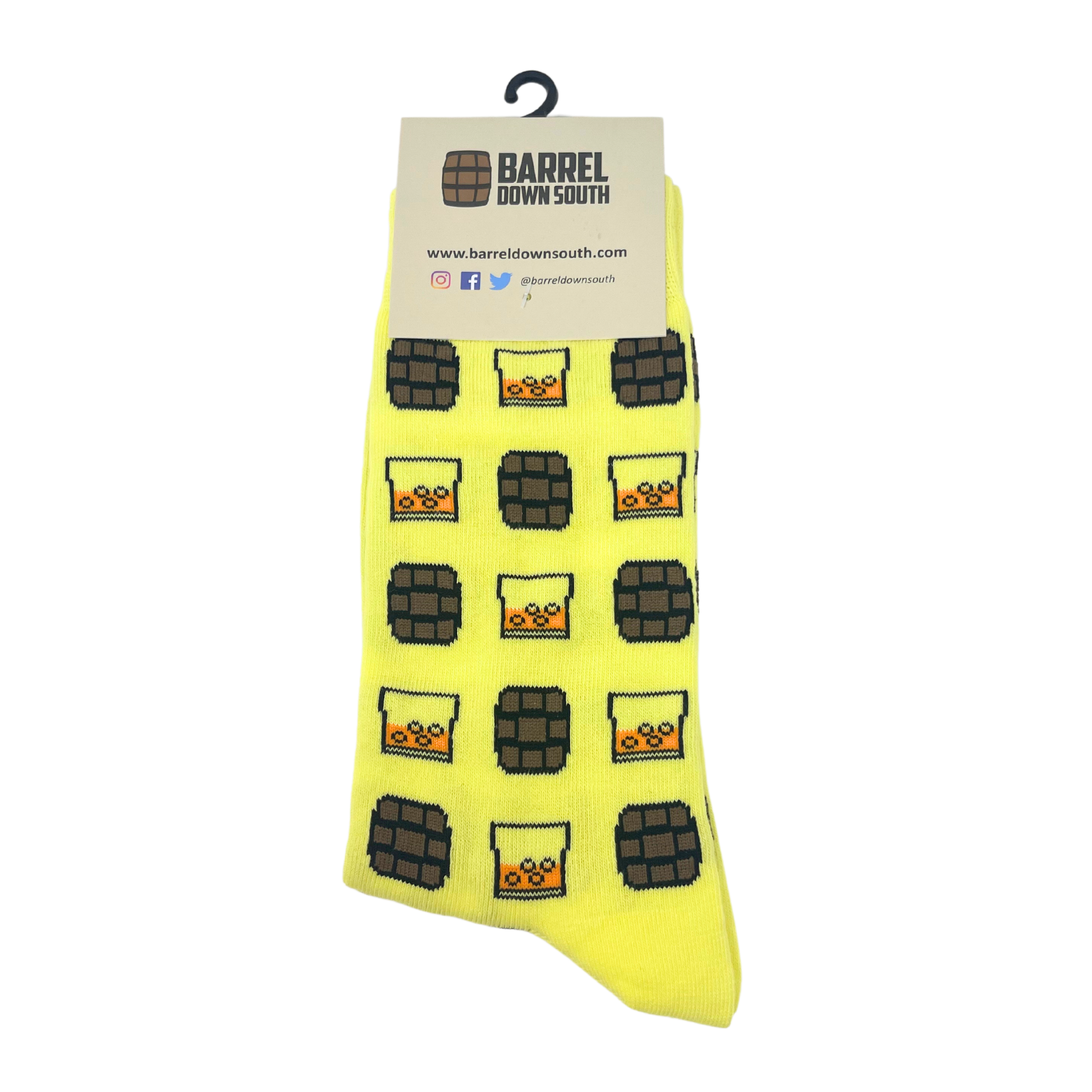 Barrel down south yello sock with bourbon glass and barrel on it