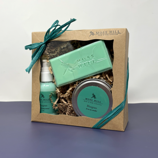 Moss Hill Gift Set with Soy Candle, Bath and Body Lotion, and Bar of Soap Bluegrass Scent