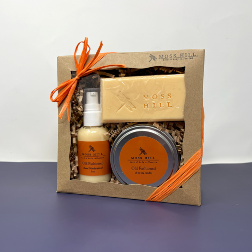 Moss Hill Gift Set with Soy Candle, Bath and Body Lotion, and Bar of Soap Old Fashioned Scent