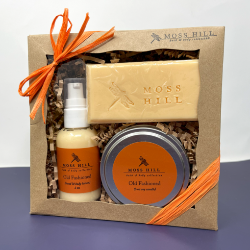 Moss Hill Gift Set with Soy Candle, Bath and Body Lotion, and Bar of Soap Old Fashioned Scent