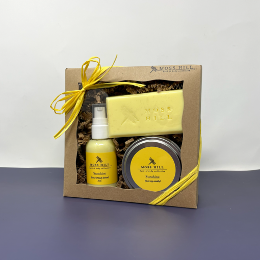 Moss Hill Gift Set with Soy Candle, Bath and Body Lotion, and Bar of Soap Sunshine Scent